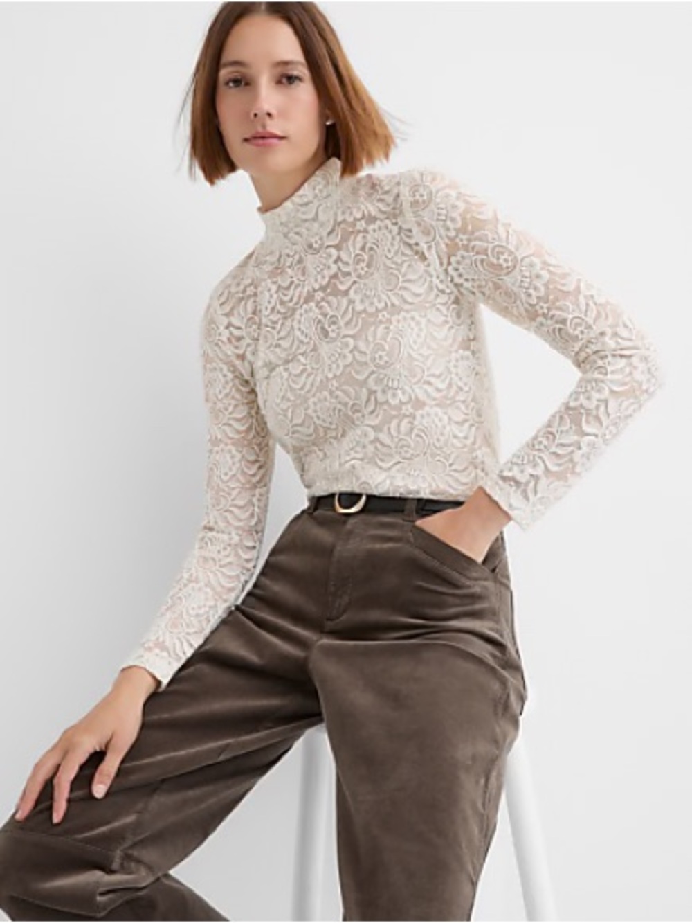 NWT LOFT Sheer Lace Mock Neck Long Sleeve Blouse